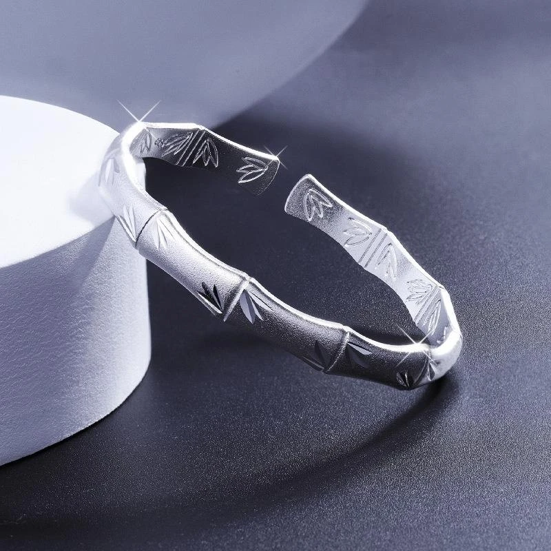 足银手镯 足银s9999 竹节开口手镯