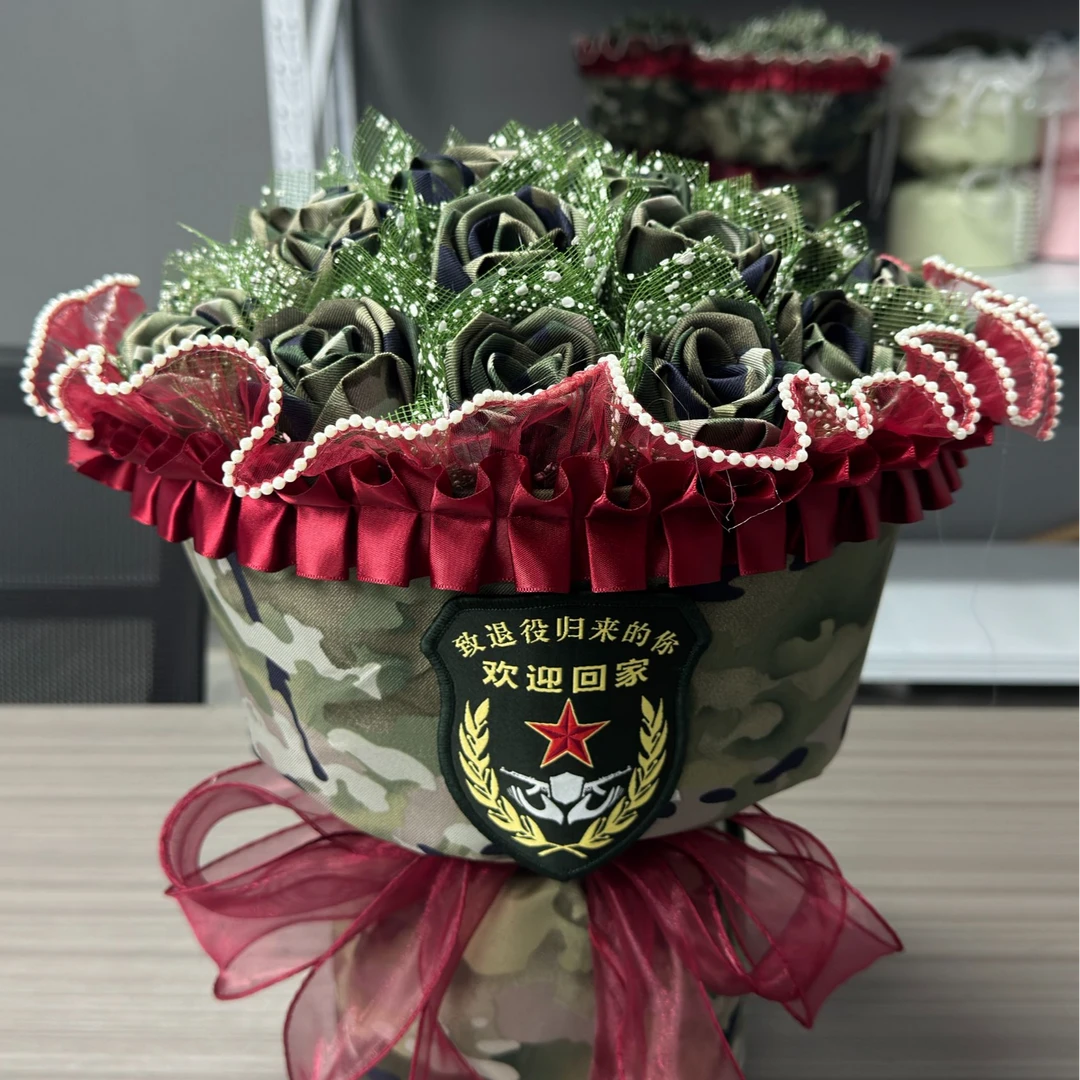 【退役接站花束】迷彩玫瑰花仿真花干花永生花迷彩花束迷彩花手工花