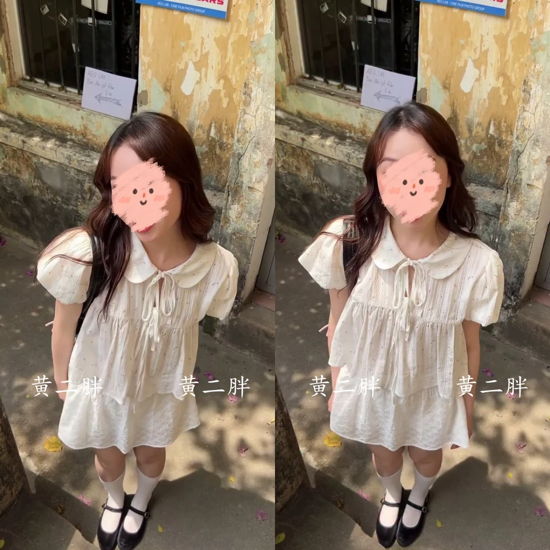 甜美减龄娃娃领短袖上衣女+松紧腰遮胯显瘦a字裙套装2025夏季新款