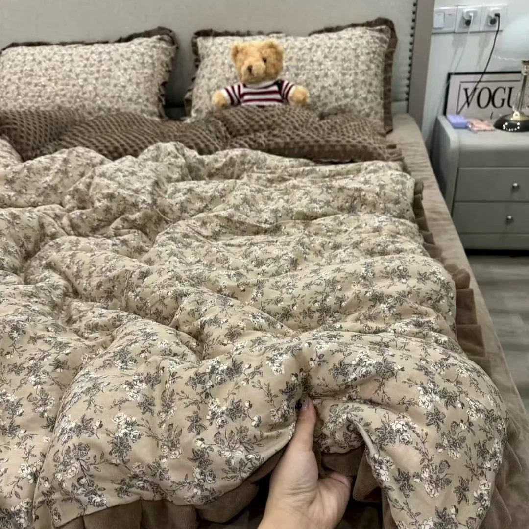 田园花边A面棉B面豆豆绒四件套被套床单珊瑚绒三件套家用床品套件