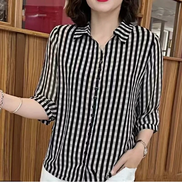 7777-1夏季薄款套头洋气条纹宽松中袖小衫