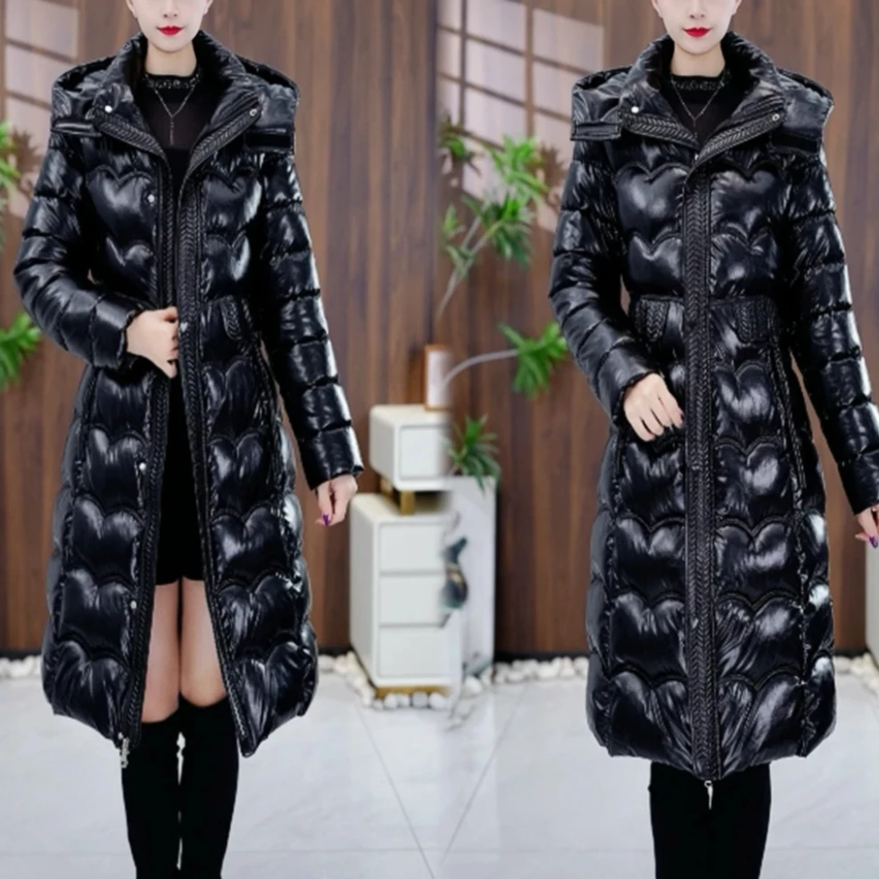 淑娅芬服饰2025年冬季新款减龄过膝亮面免洗显瘦女长款保暖外套