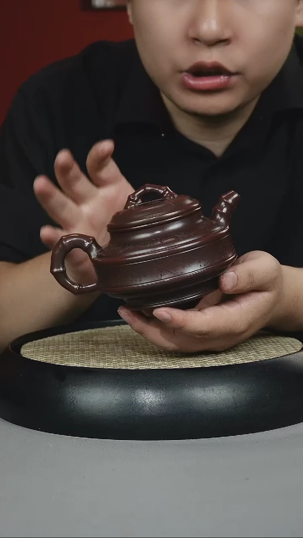 茶壶紫砂黑料石红  双线竹鼓