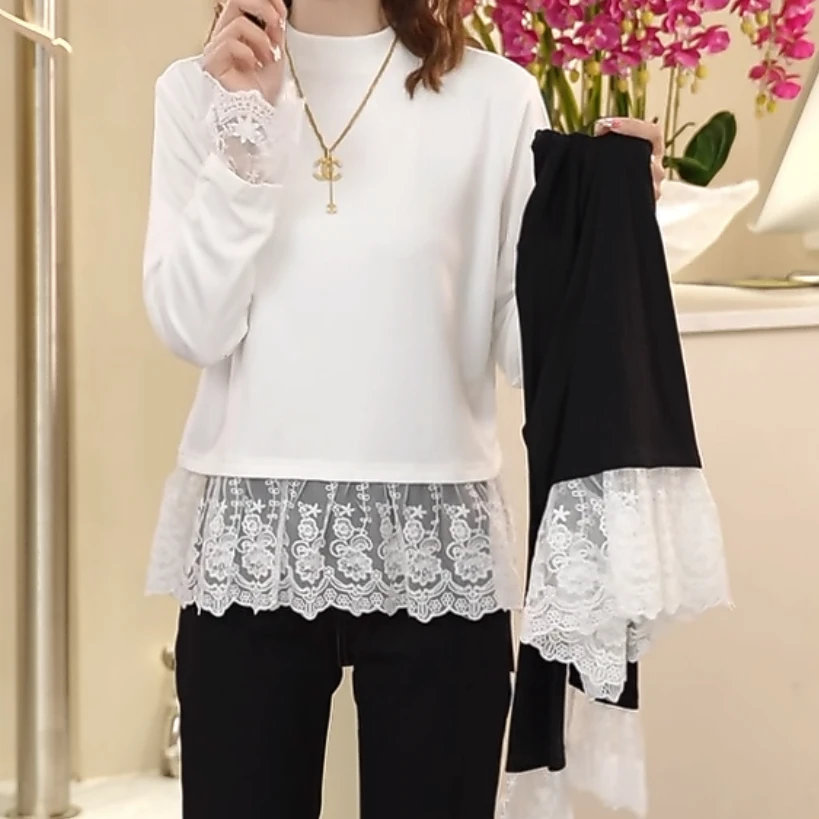 设计感拼接蕾丝圆领磨毛娃娃款上衣女2025早春新款白色长袖T恤