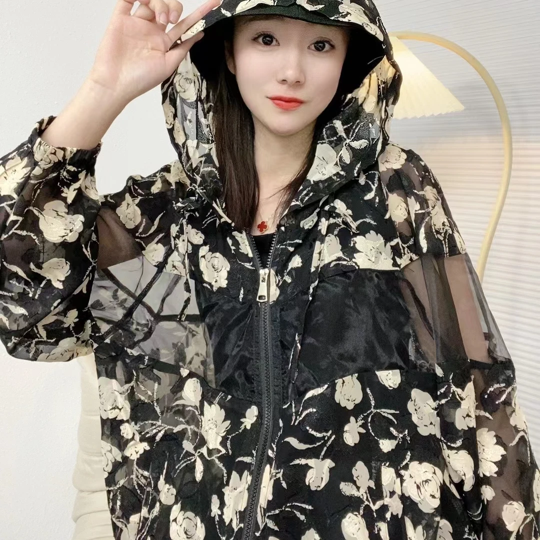 2024时尚黑白提花休闲百搭连帽宽松夏季防晒服
