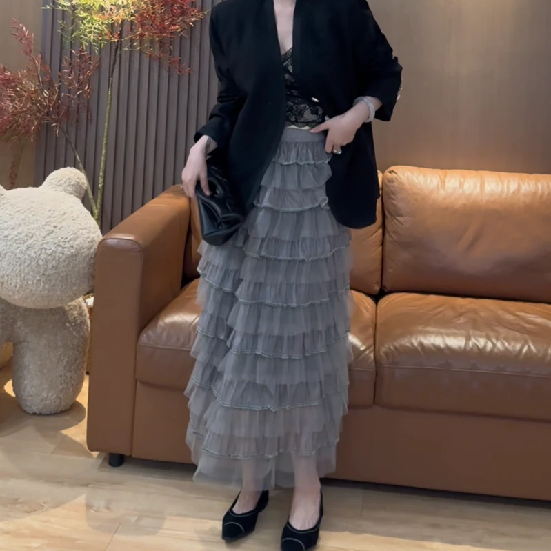 B21 【米兰假日】灰色蛋糕网纱高腰a字半身裙 EB1802