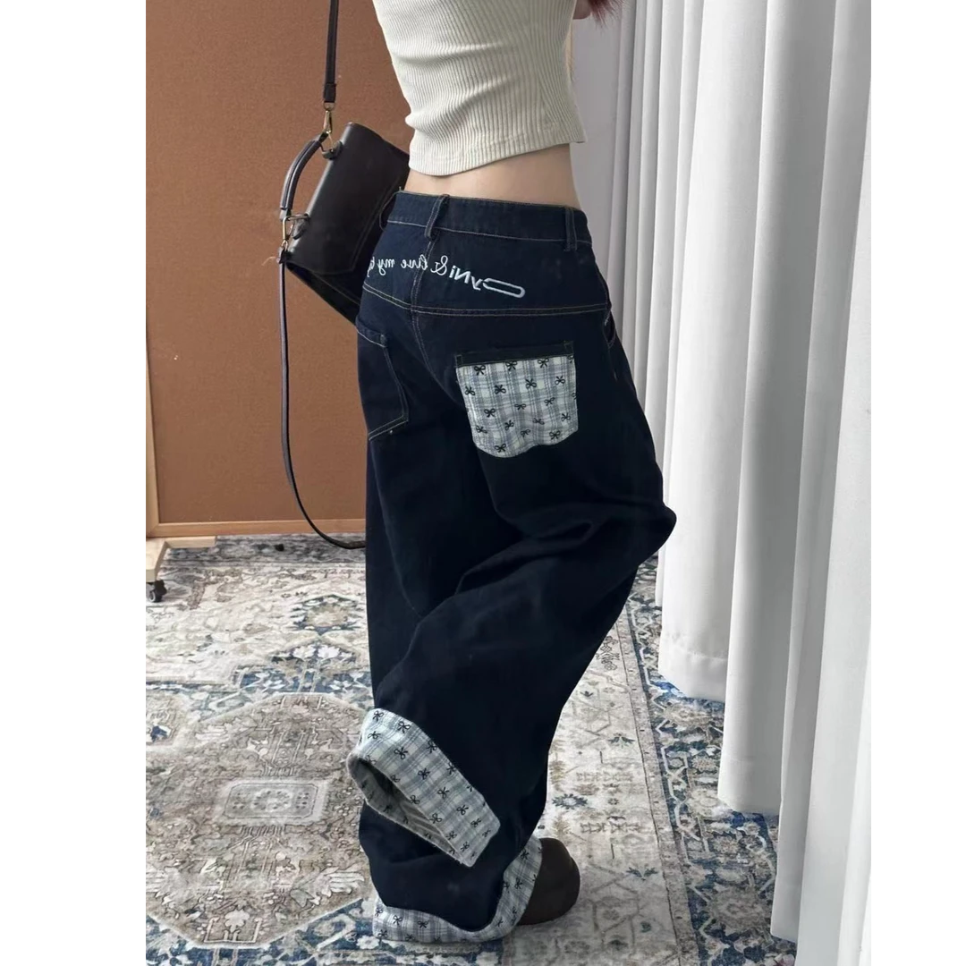 卷边美式蓝格复古蓝辣妹阔腿高腰牛仔裤女休闲显瘦拖地宽松长裤子