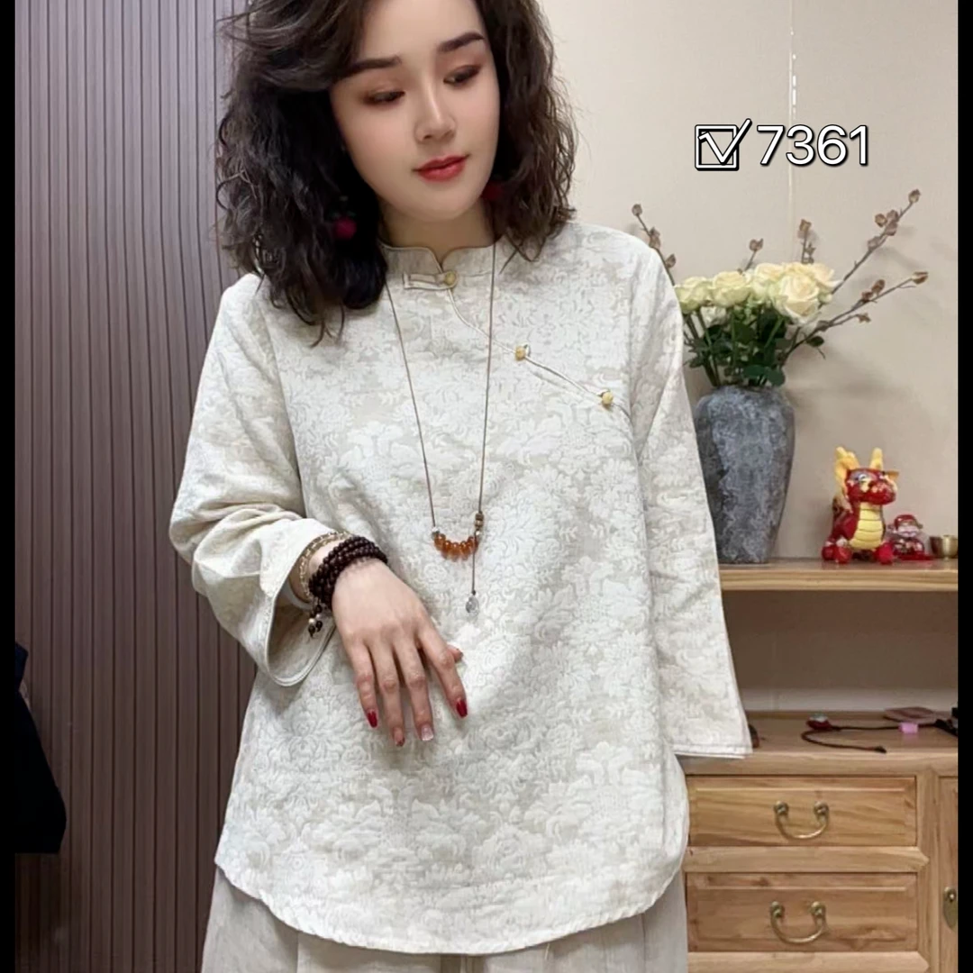 新中式提花复古小众宽松夏季薄款立领衬衫7361肩40胸116长60