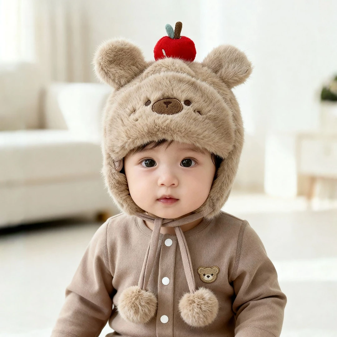 婴儿帽子秋冬季可爱毛绒男女宝宝新生加厚保暖防风动物儿童护耳帽