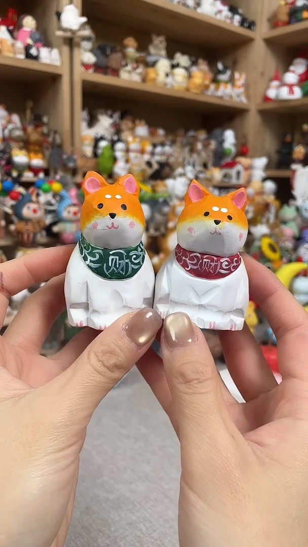 木手工木雕柴犬摆件一对儿（高6cm）