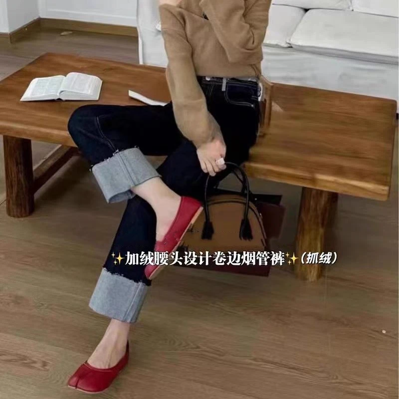 （柚子同款）GQ冬款高腰抓绒牛仔直筒裤4338