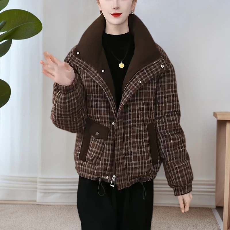 加厚保暖时尚格子棉服女2024年冬季新款宽松显瘦休闲百搭棉衣外套