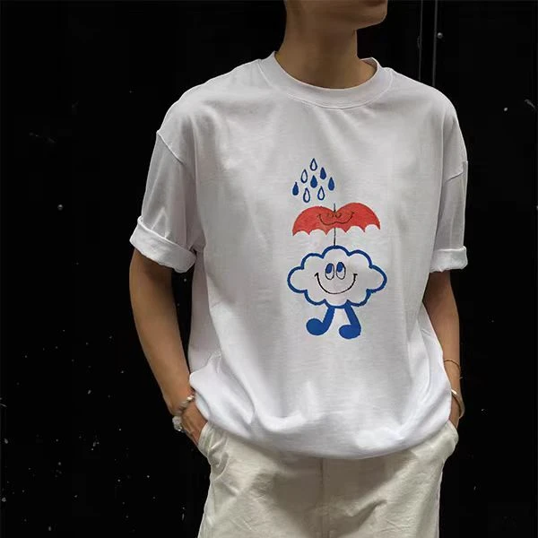 2025巨好看的夏装休闲简约印花白色圆领短袖t恤韩系chic感上衣女