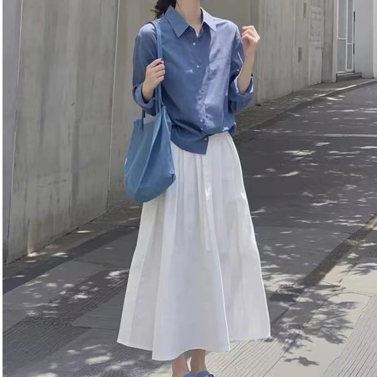 2025新款初秋穿搭一整套气质减龄长袖防晒衬衫高腰百搭白色半身裙