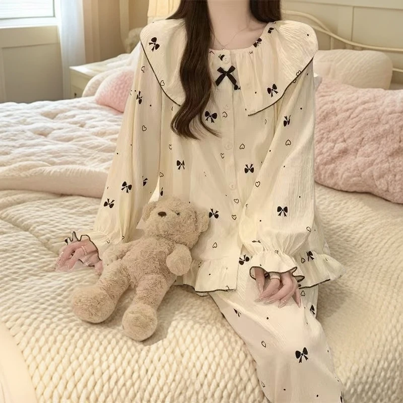 秋季少女睡衣长袖长裤薄款云朵棉开衫大码无胸垫套装女士休闲居家