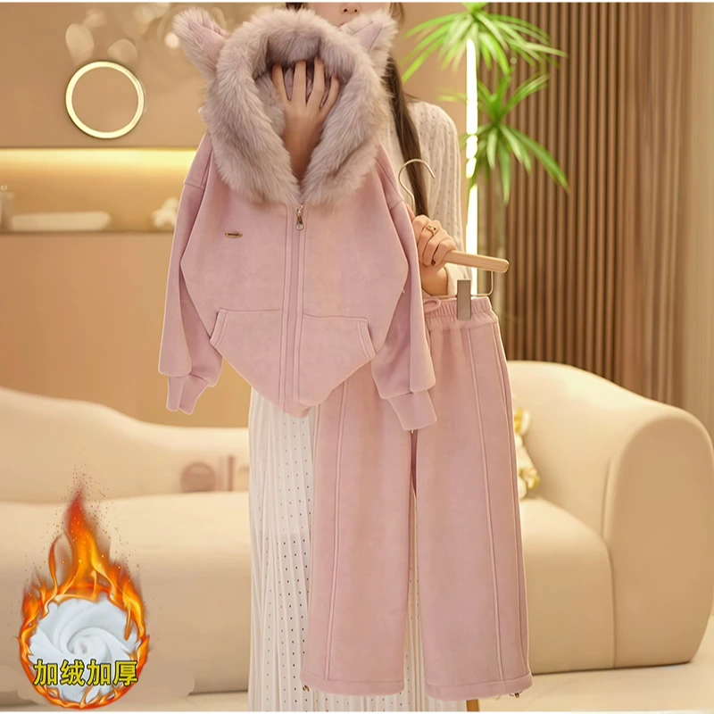 女童一体绒卫衣卫裤套装秋冬2025新款加厚奥粒绒连帽卡通外套运动