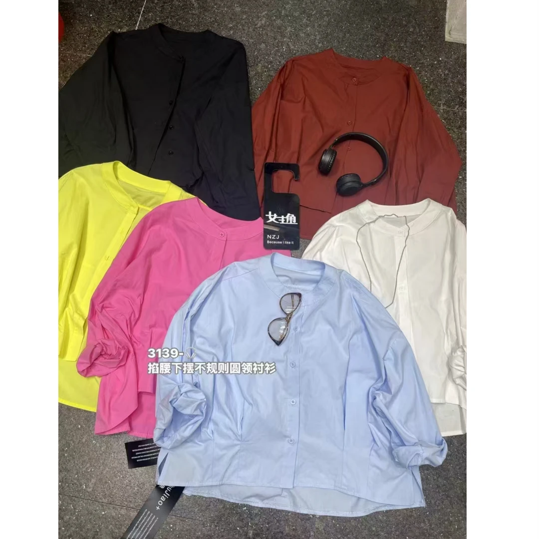 （柚子同款）NZJ春款掐腰下摆不规则圆领衬衫3139