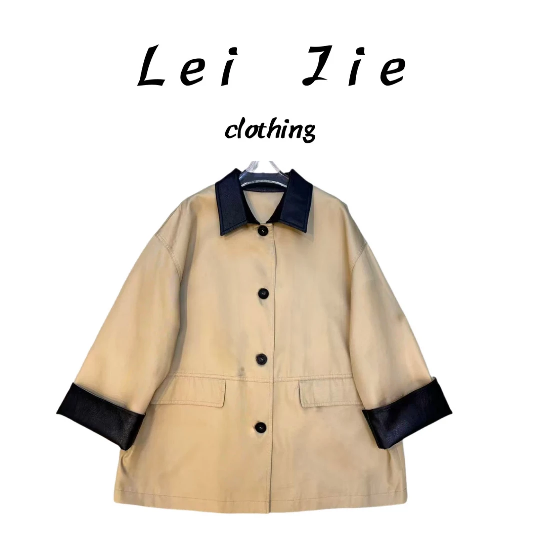 【Lei Jie】撞色皮领斜纹棉风衣901