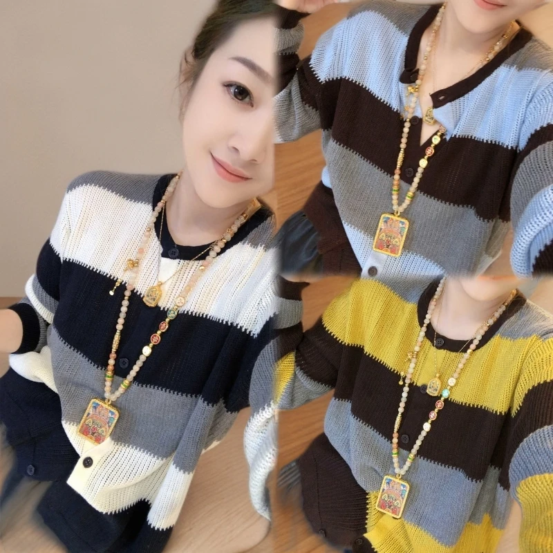 韩系穿搭拼色针织开衫女2025新款秋季休闲百搭毛衣外套宽松上衣潮