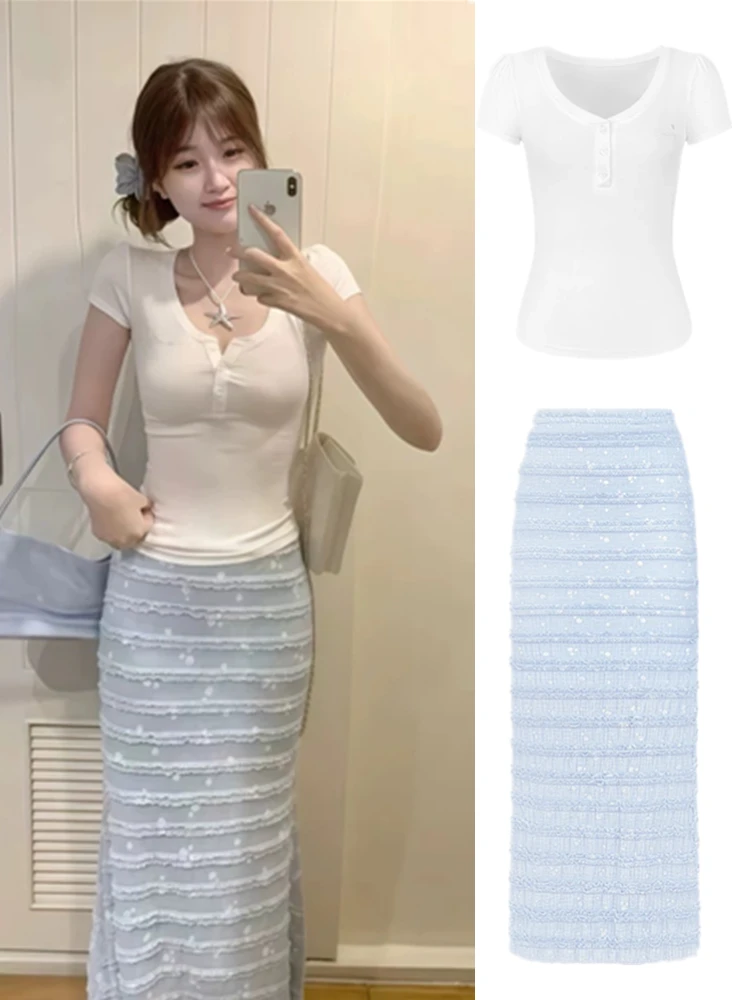 【悸动花影】泡泡袖显瘦短袖T恤+层次感木耳边长款包臀半身裙套装