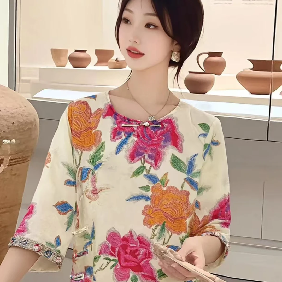 【奥黛套装】新中式休闲时尚复古套装短袖圆领衬衫夏季时尚套装0322