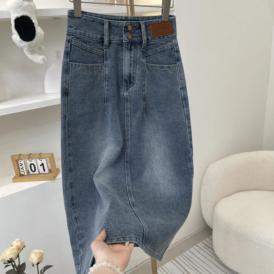 【现货+运费险】复古蓝星空纹牛仔半身裙女2025高腰显瘦后开叉a字裙