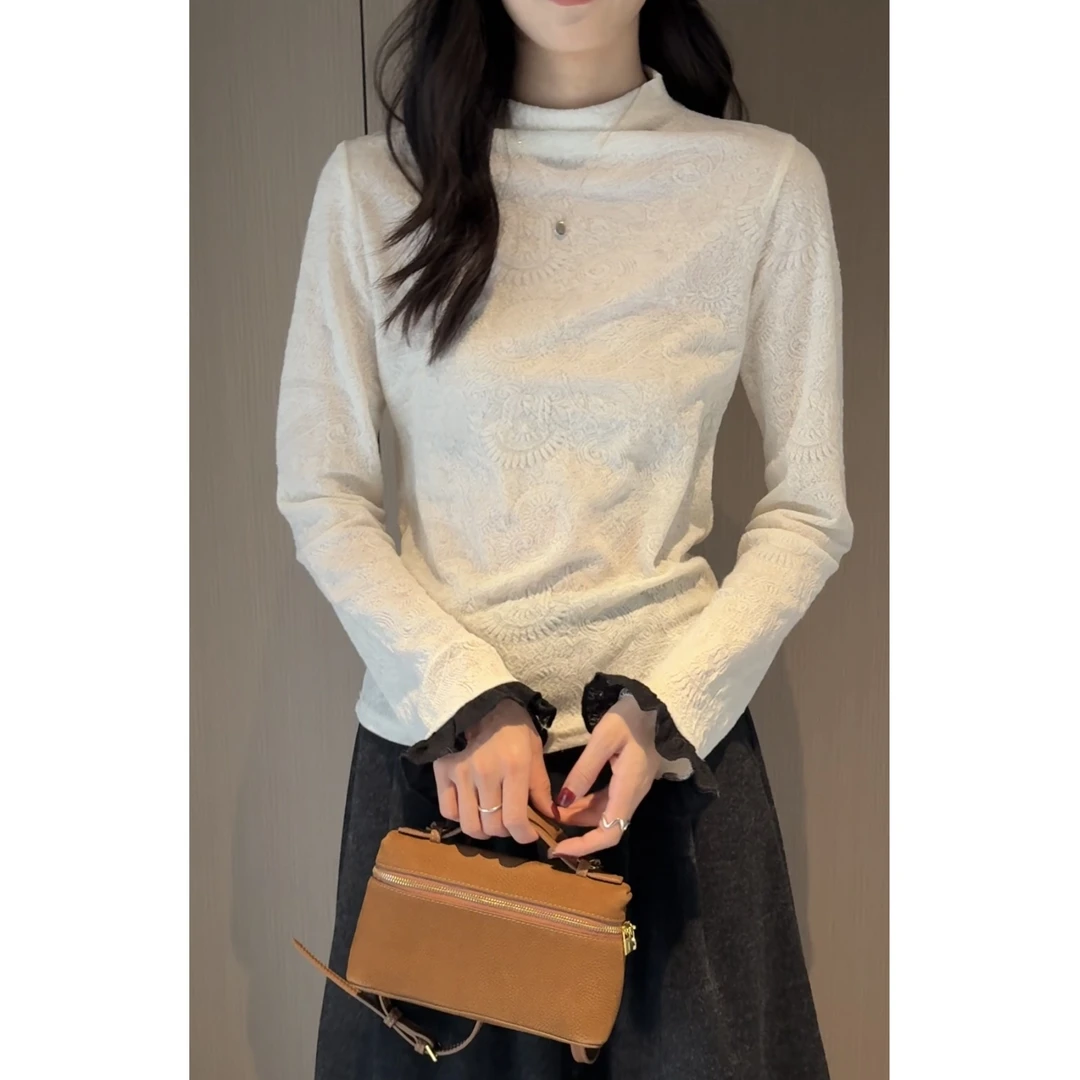 26088#秋冬半高领蕾丝网纱上衣打底衫女