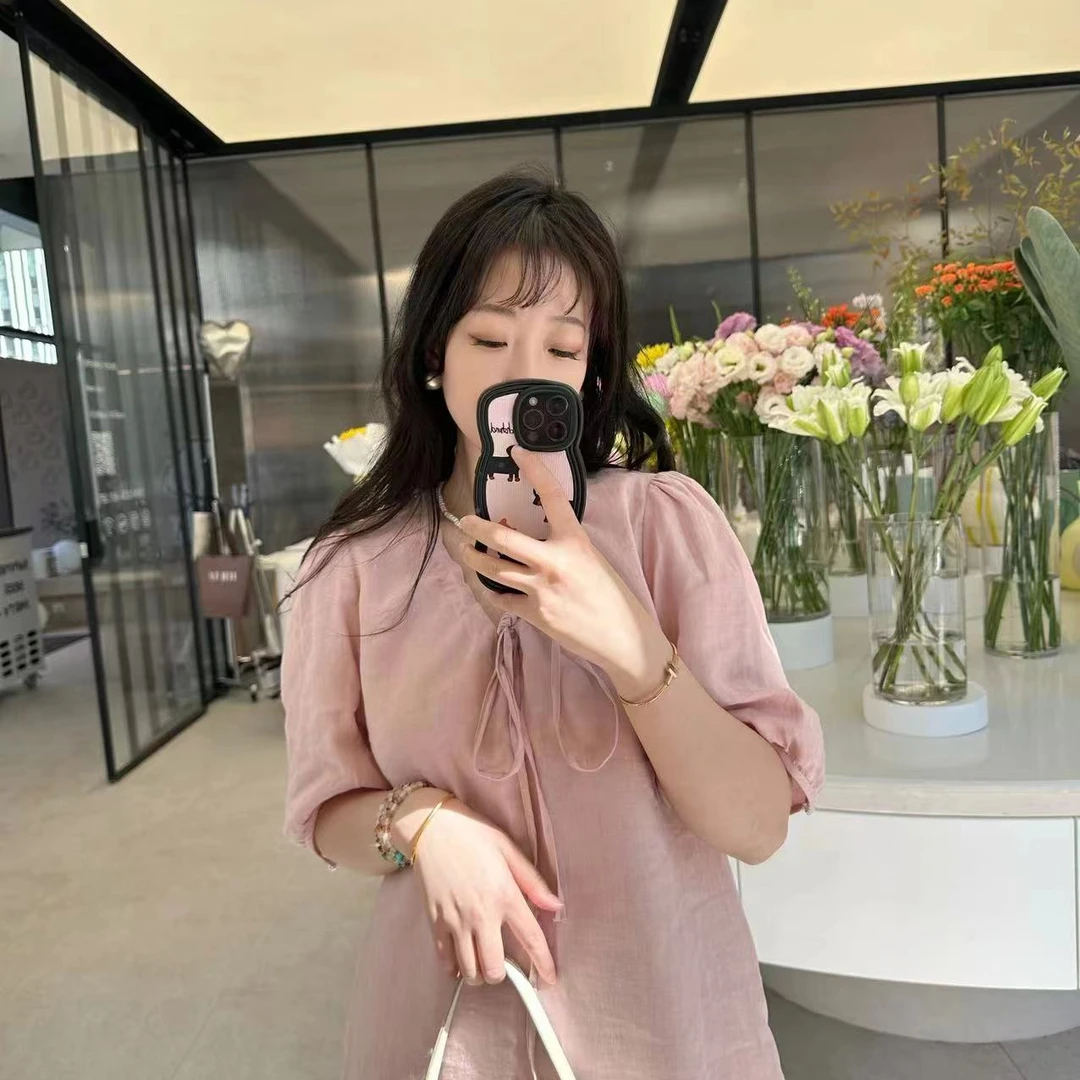 韩国东大门夏季新款苎麻宽松显瘦气质V领系带短泡泡袖女装连衣裙