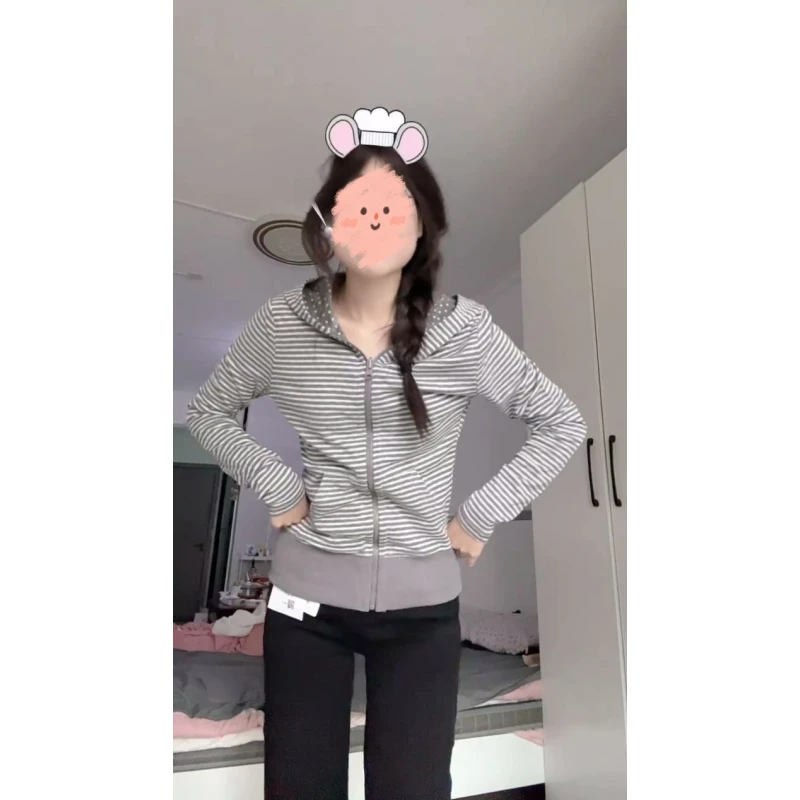 韩系条纹长袖连帽开衫卫衣女秋季2025新款设计感修身显瘦外套上衣