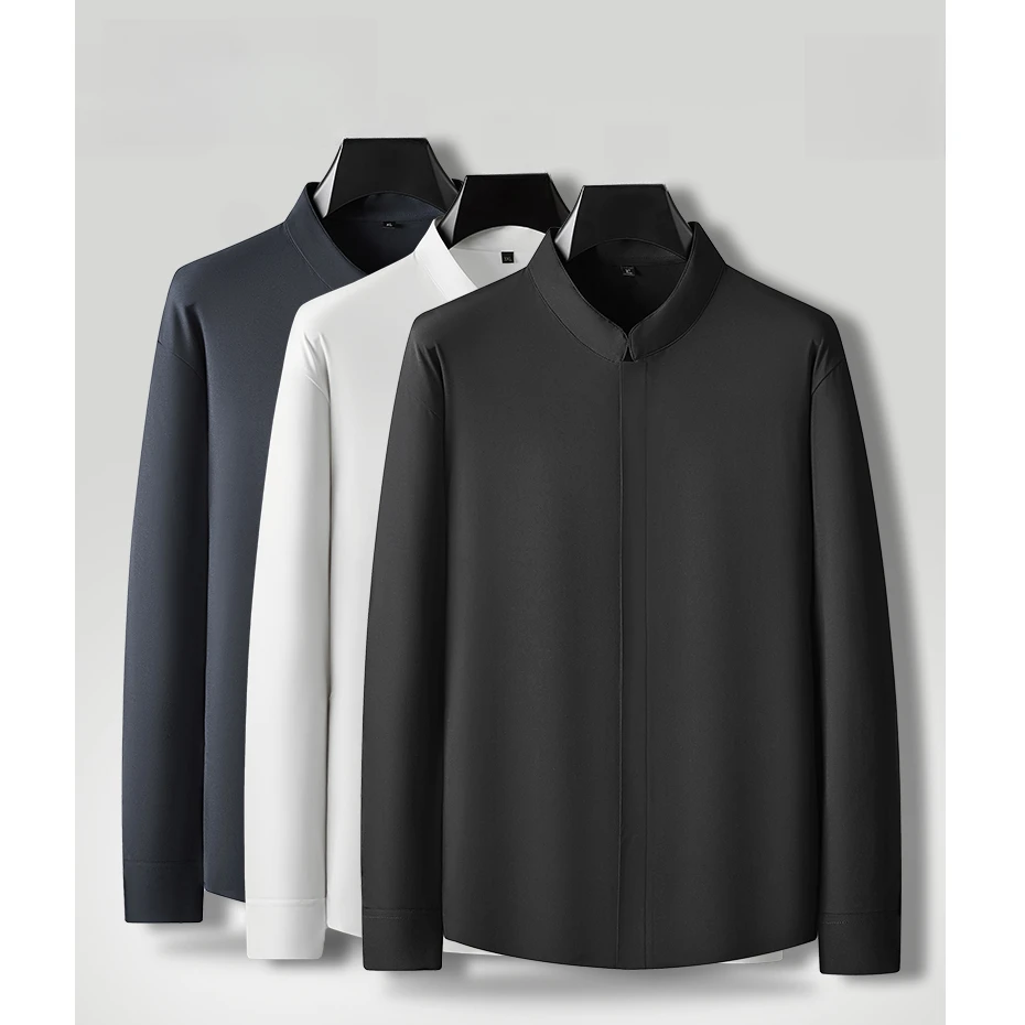 大码男装200多斤胖子暗门襟高弹小立领衬衫商务通勤加肥百搭衬衣