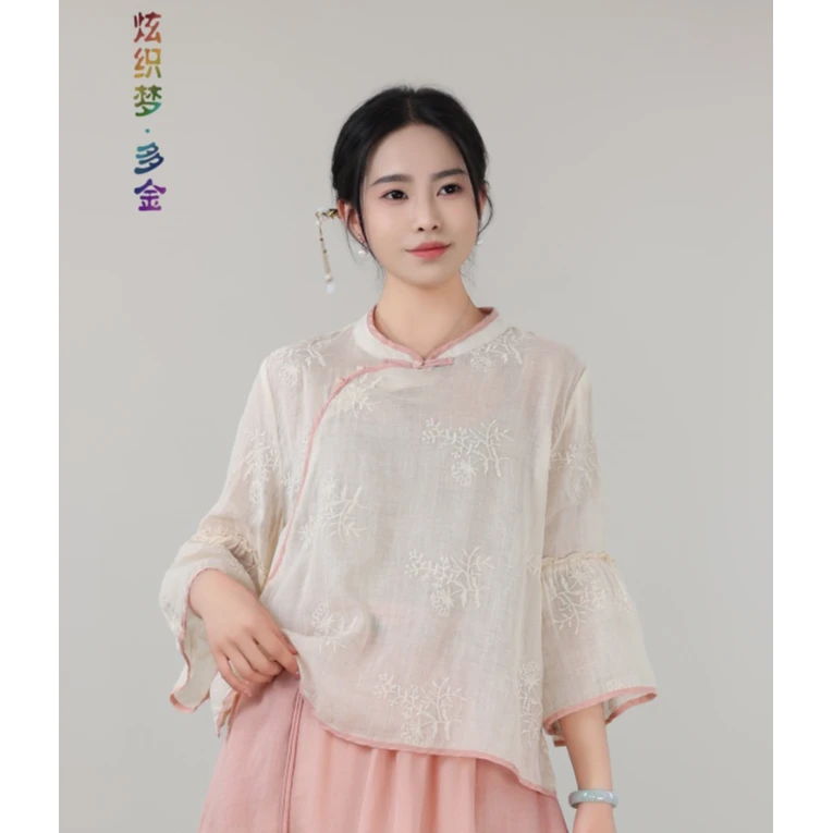 炫织梦刺绣纽扣斜襟立领夏季九分袖衬衫宽松女装复古满绣日常