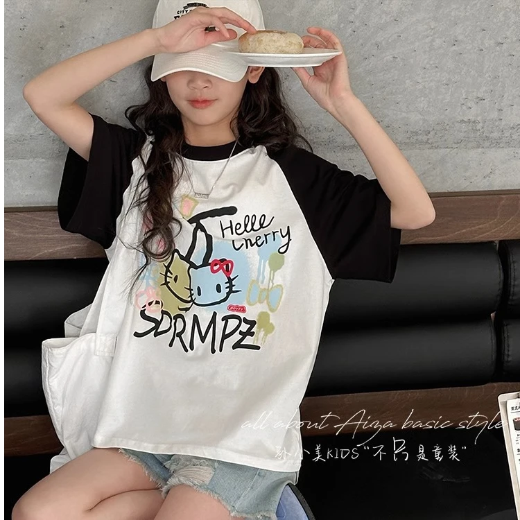 女童插肩袖t恤洋气夏季短袖童装2025新款女孩可爱印花中大童上衣