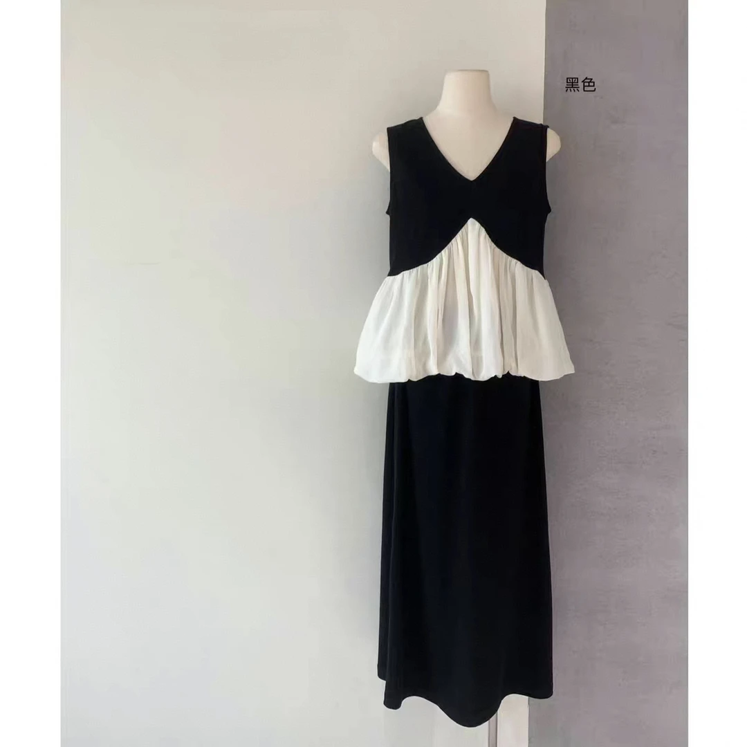 撞色花苞无袖背心上衣+半身裙两件女2025夏季配长裙性感气质套装