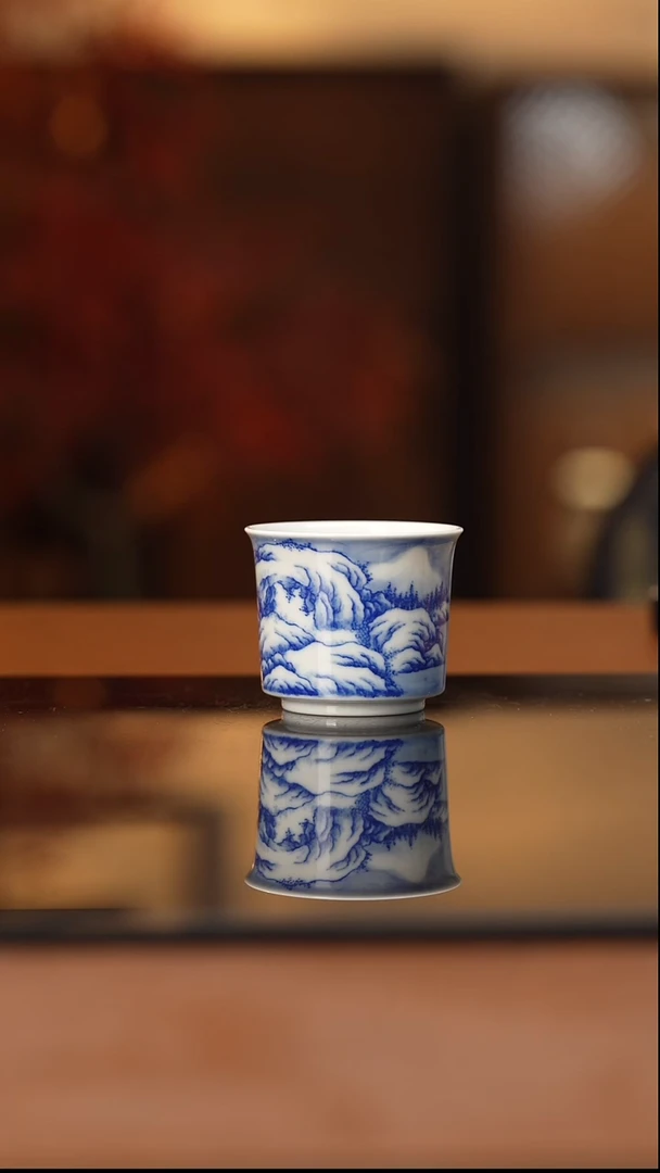 杯看山柴窑青花雪景