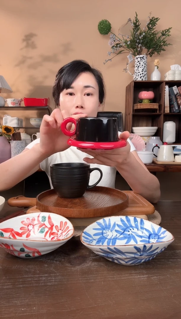 陶瓷黑红杯碟微瑕