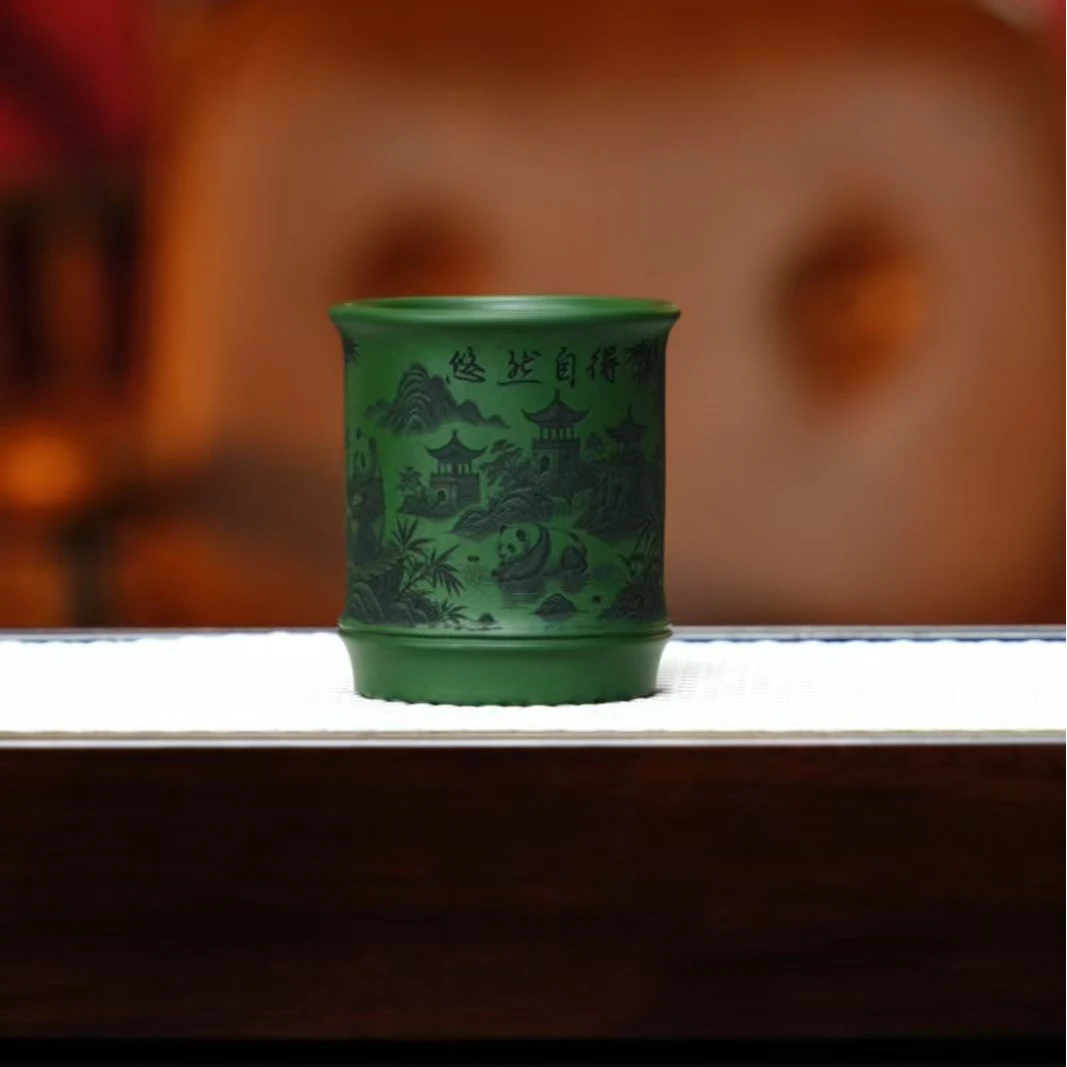 宜兴紫砂 主人杯 熊猫竹节 任家娟 h214