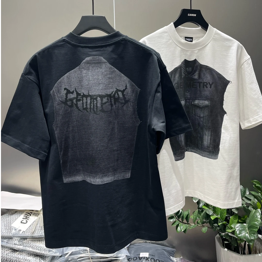 【2025】-ZN99759-美式潮牌重磅棉360克牛仔马甲印花短袖男女同款