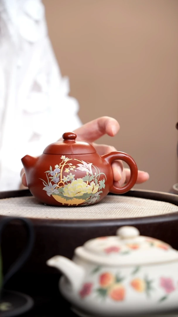 茶壶紫砂朱泥文旦泥绘繁花003