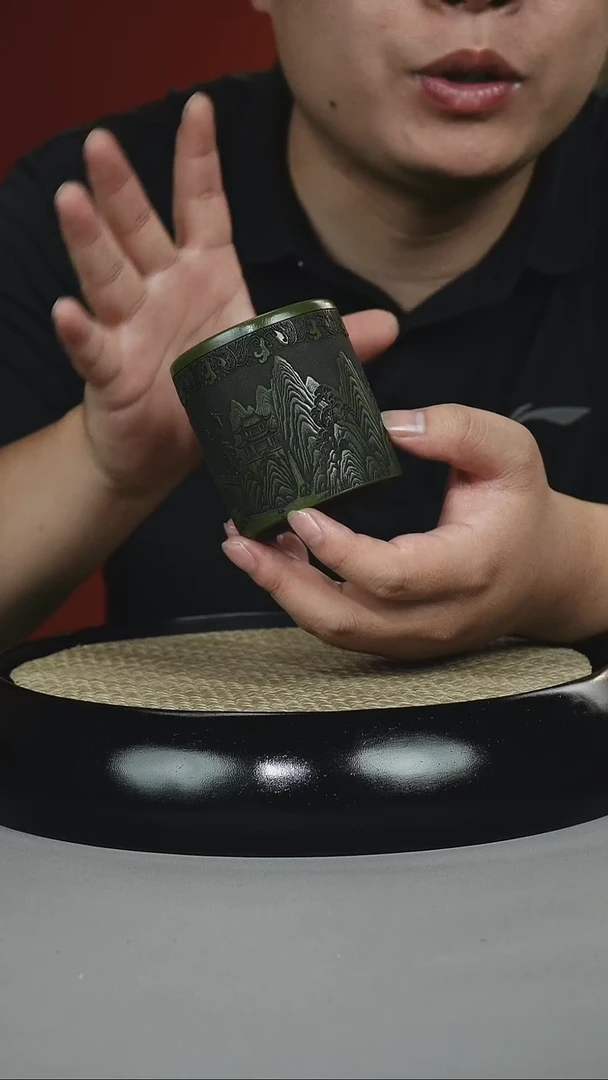 茶壶紫砂绿泥 直筒杯 刻绘山水