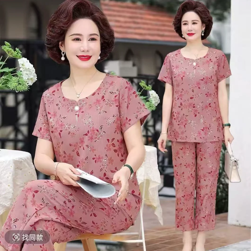9077-夏季清凉短袖套装老太太上衣两件套洋气奶奶衣服[李亚]