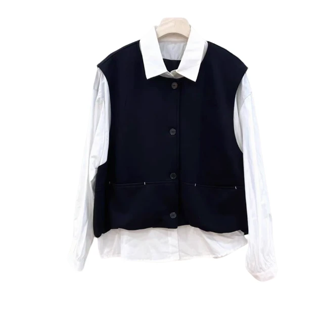 XJ 通勤风翻领短款薄款常规马甲衬衫俩件套  H0720