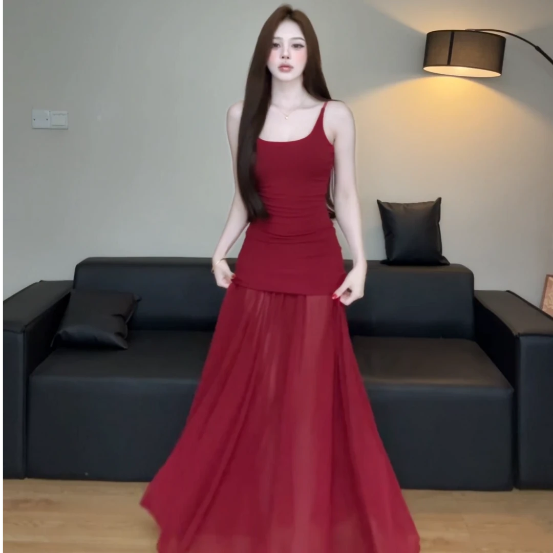 淡人仙女裙 清冷艺术系拼接网纱新疆棉针织吊带裙