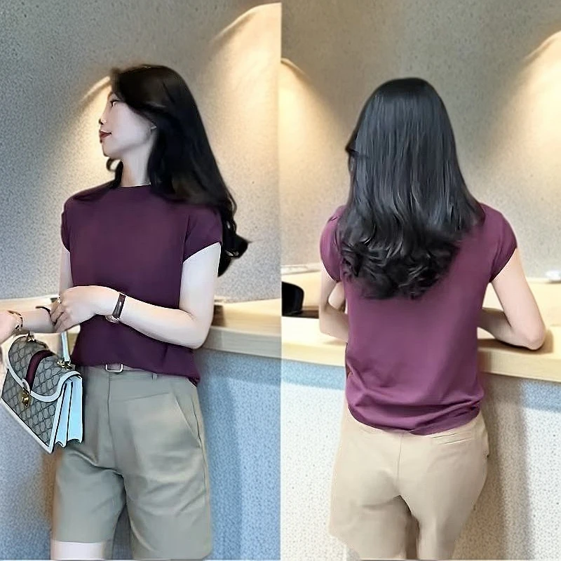 2025通勤休闲风时尚套装圆领t恤女装打底衫纯色上衣气质女装夏装