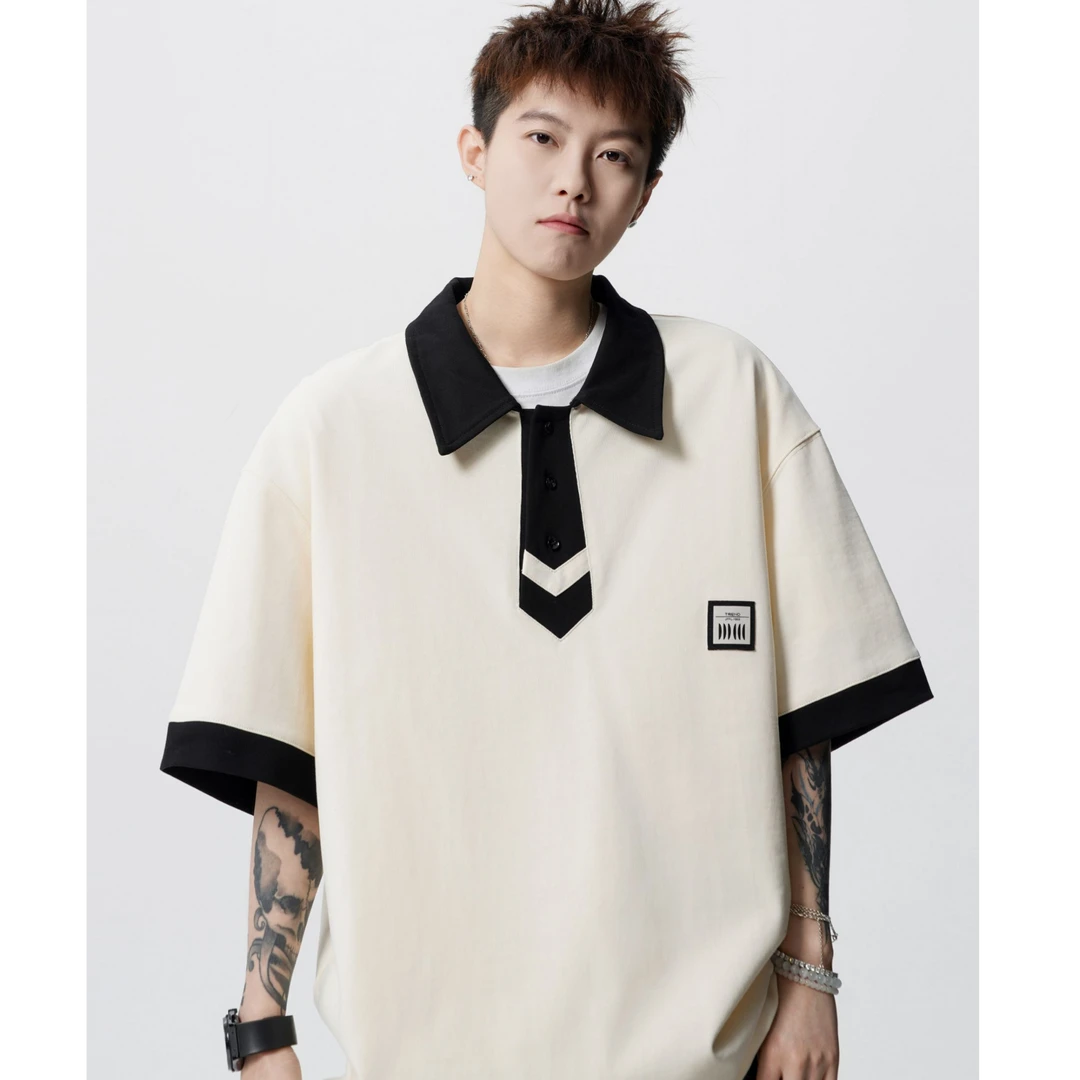 潮牌假领带拼接Polo衫男夏季美式设计感休闲T恤vibe高街百搭短袖