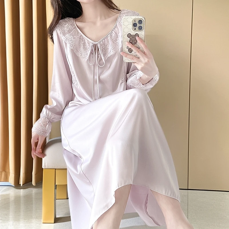 2025年春夏薄款冰丝长袖性感睡衣女甜美套头长裙时尚外穿纯色睡裙