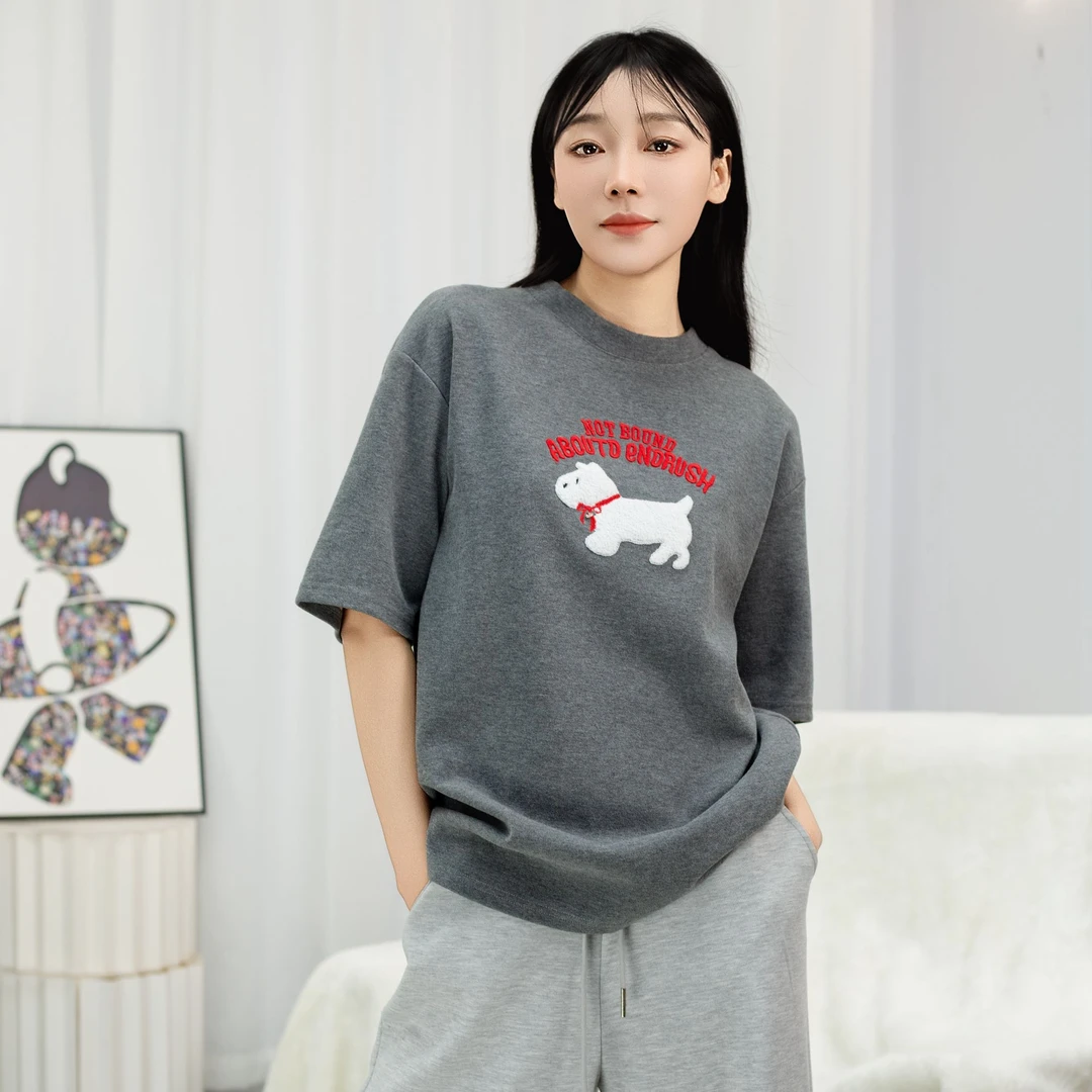 刺绣小狗短袖T恤圆领宽松上衣加厚打底衫