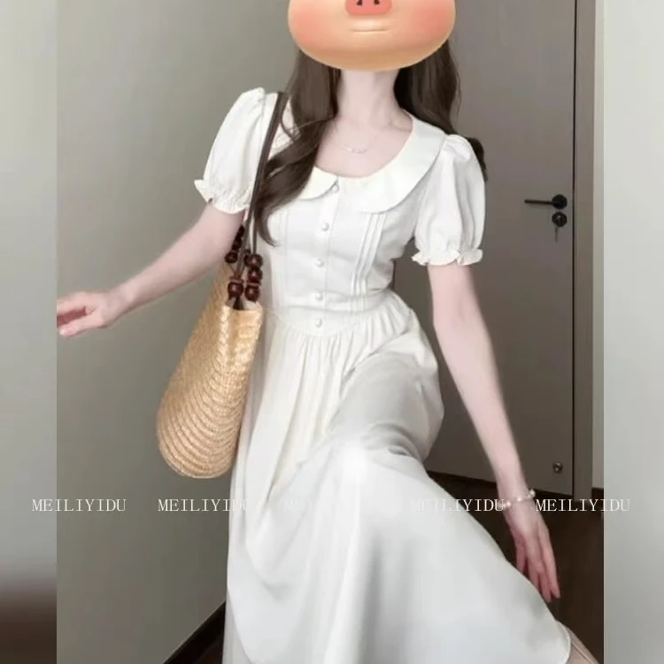 杏色收腰衬衫裙裙子显瘦甜美娃娃领复古夏季连衣裙5001#