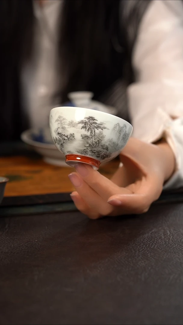 杯慕君禾古墨彩山水鸡心杯素边角