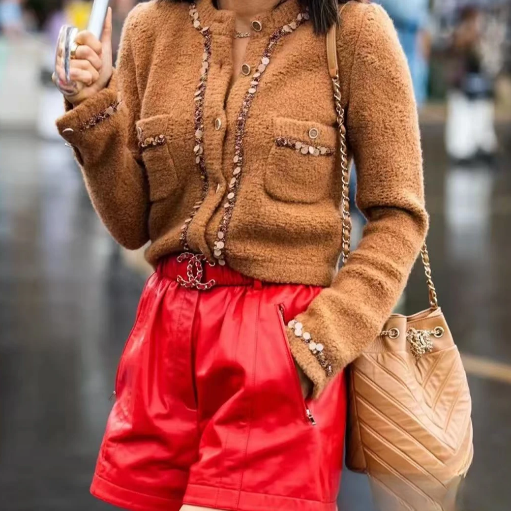 95新 Chanel/香奈儿 19年红色羊皮皮裤 36码 可拆卸腰带