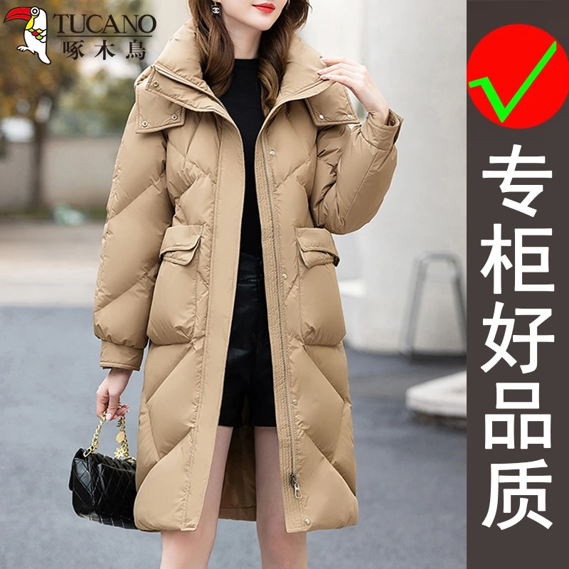啄木鸟冬季新款法式简约风长款可拆帽羽绒服女士防寒保暖鸭绒外套